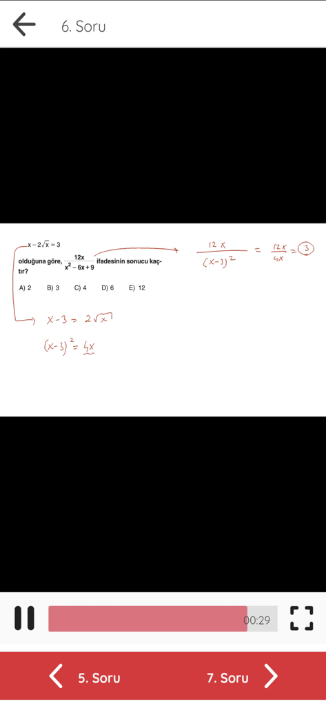 Acil Video Çözüm - Acil Video Cozum mobile app interface showing a step-by-step video solution for a handwritten math equation.