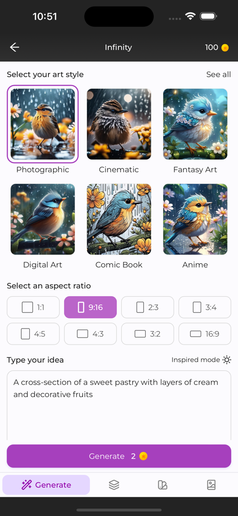 MOJO AI - Interface of MOJO AI app showing art style selection options and a text prompt input for AI image generation