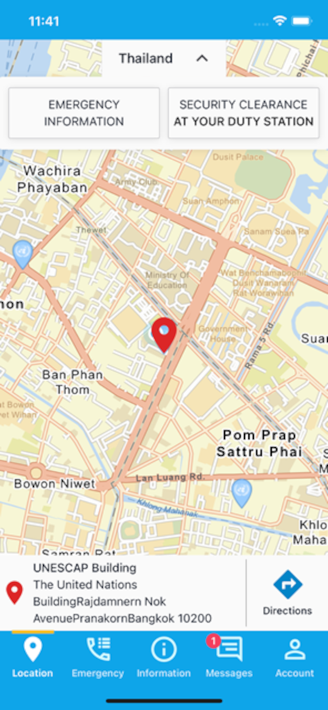 Interfaz de mapa de la aplicación UN Electronic Travel Advisory mostrando la ubicación del Edificio de la Comisión Económica y Social para Asia y el Pacífico de la ONU en Bangkok con botones de información de emergencia.