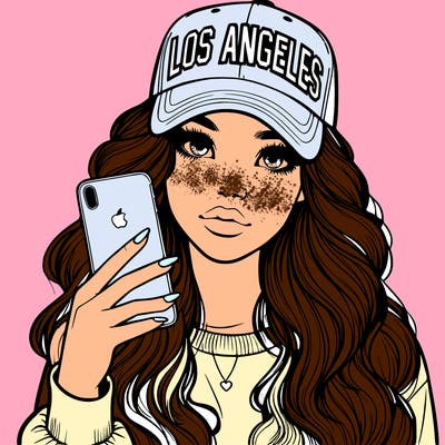 realistic beautiful girl wearing los ángeles cap holding an iphone