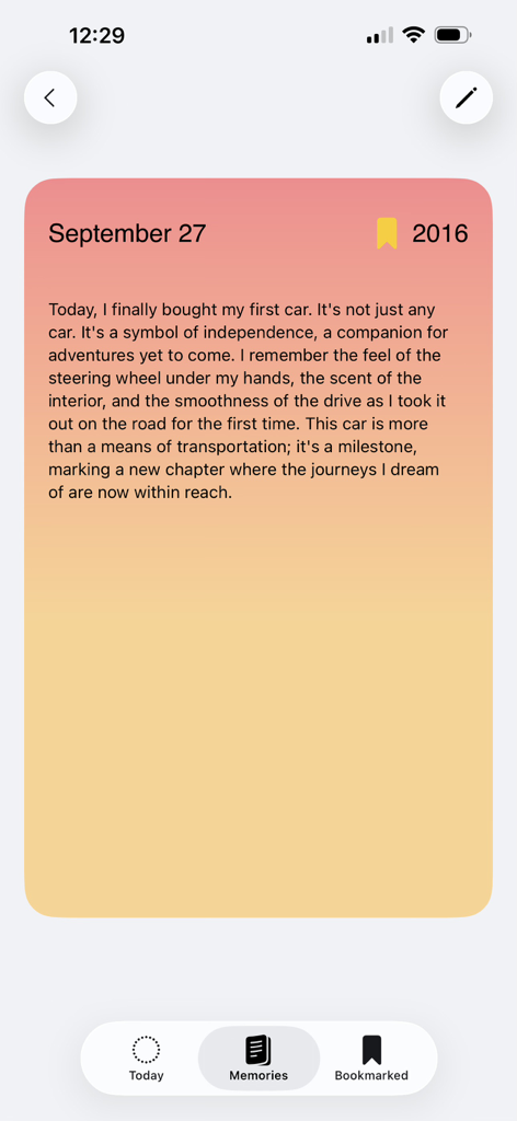 Today - Memory Notebook - A personal diary entry in the Today app describing a first car milestone.