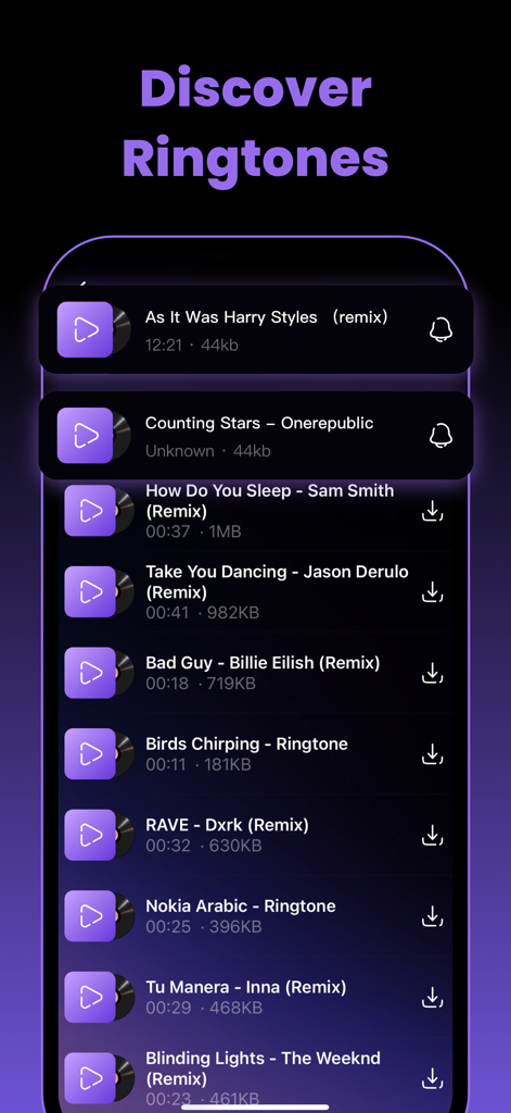 Captura de pantalla de la página de descubrimiento de tonos de llamada en la aplicación Offline Music Player que muestra una lista de canciones remix populares y sonidos de notificación