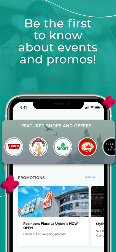 RMalls plus app interface showing featured shops and latest mall promotions