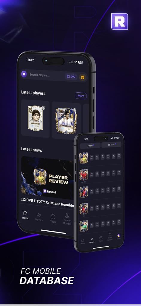 RenderZ: FC Mobile 25 Database - RenderZ Mobile App-Oberfläche, die die Spielerdatenbank und Statistiken für FC Mobile 25 anzeigt
