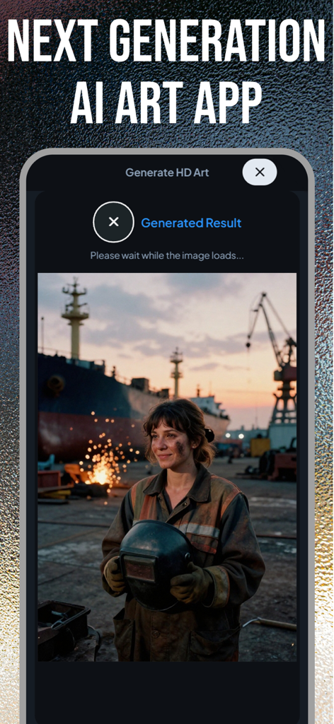AI Image Generator Anime Maker - Interface of the AI Image Generator app displaying a high definition realistic portrait of a female welder