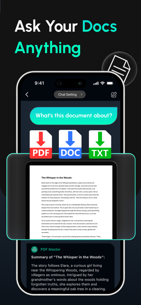 YouCam AI Chat: Pro Chatbot - YouCam AI Chatアプリのインターフェースに、PDFドキュメントを要約するDoc Master機能が表示されています