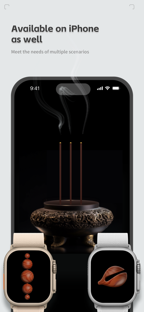 ZenRelief: Relaxing Watch Game - The ZenRelief app interface shown on an iPhone and two Apple Watches featuring relaxing zen visuals and wooden fidget tools.