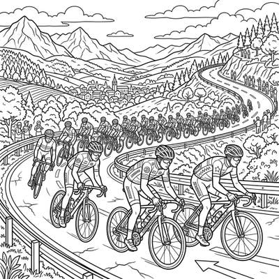 Gear up for an exhilarating coloring adventure with this scene of road cyclists pushing their limits on a winding mountain course. This full-scene illustration offers a rich tapestry of details, from the racers to the breathtaking alpine backdrop.