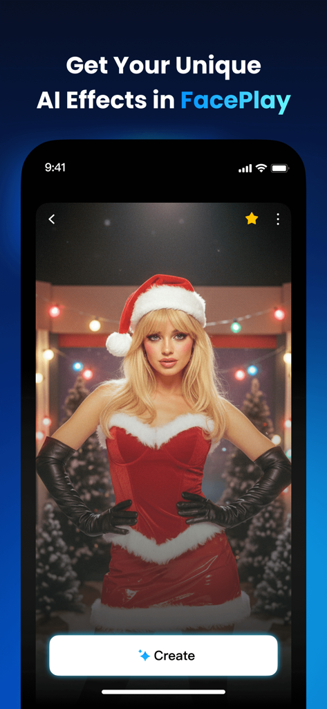 Faceplay app interface showing a woman in an AI generated Santa outfit with a Create button