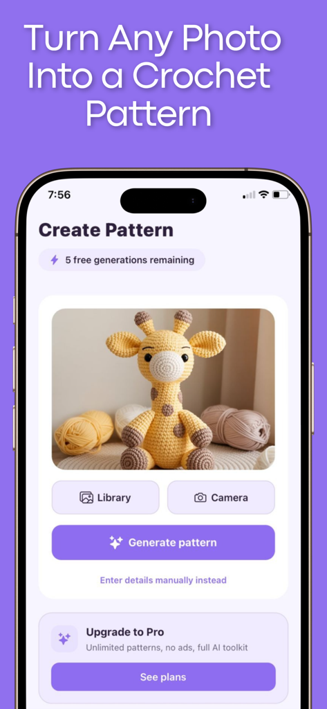 Screenshot of Crochet AI Identifier app showing the pattern generation screen from a photo of a crocheted giraffe