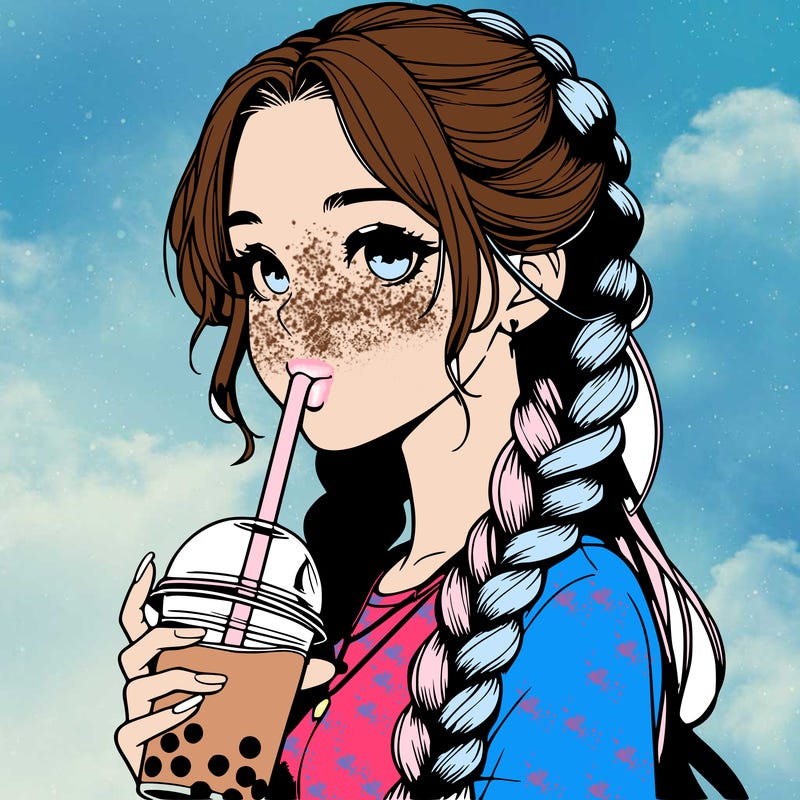 realistic girl with braided hair drinking boba