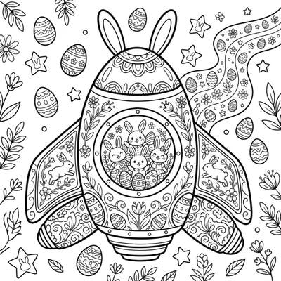 Prepare for an out-of-this-world Easter celebration with this incredibly detailed spaceship coloring page. Featuring cute bunnies, intricate patterns, and festive eggs, it's perfect for teens looking for a creative challenge.