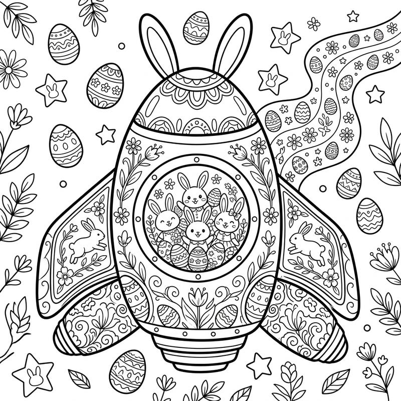 Prepare for an out-of-this-world Easter celebration with this incredibly detailed spaceship coloring page. Featuring cute bunnies, intricate patterns, and festive eggs, it's perfect for teens looking for a creative challenge.
