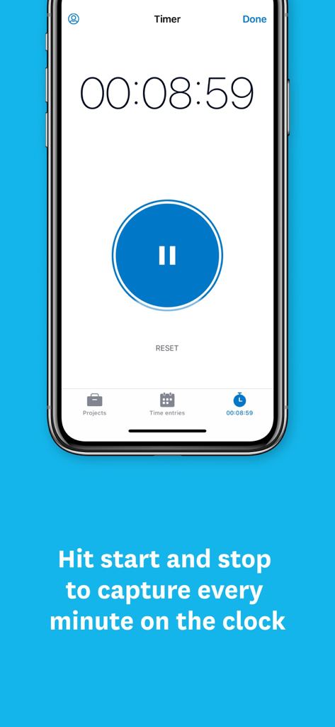 A mobile screen showing the Xero Projects app timer interface with a pause button and elapsed time of eight minutes and fifty nine seconds