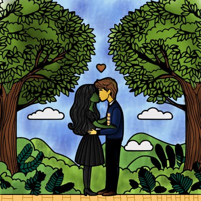 woman and man kissing under big trees