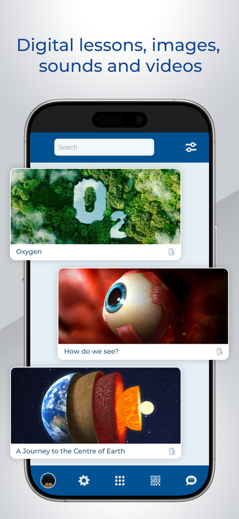 Smartphone displaying mozaik3D app with interactive science lessons on oxygen anatomy and earth structure