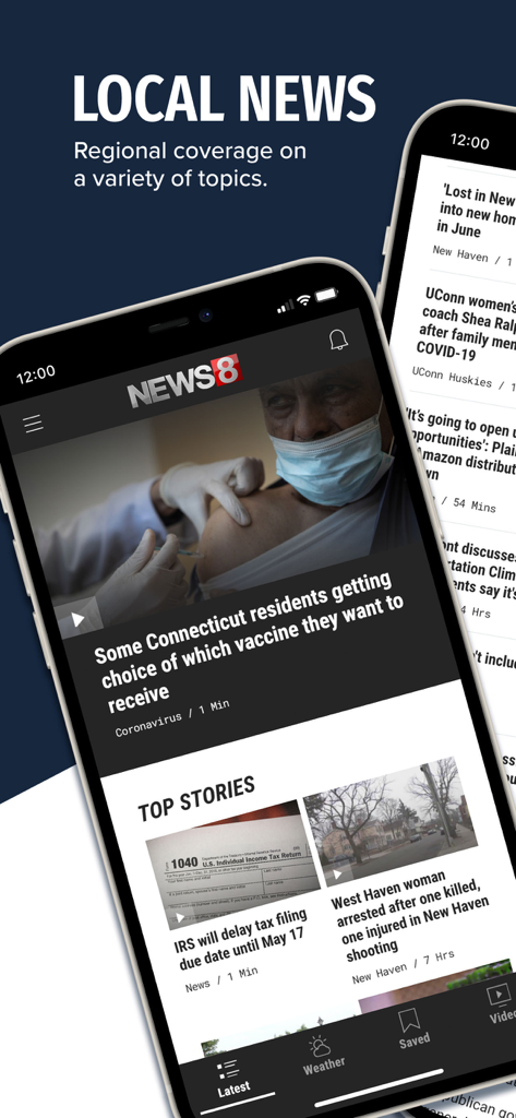 WTNH News 8 mobile app displaying local Connecticut news headlines and top stories