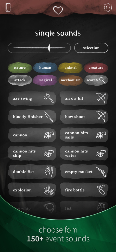A screenshot of the SoundTale app interface showing a list of over 150 event sounds for RPG sessions with categories like magical and attack