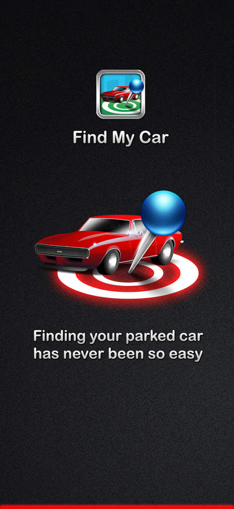 Find My Car - Find My Car app splash screen showing a red car with a blue location pin on a target