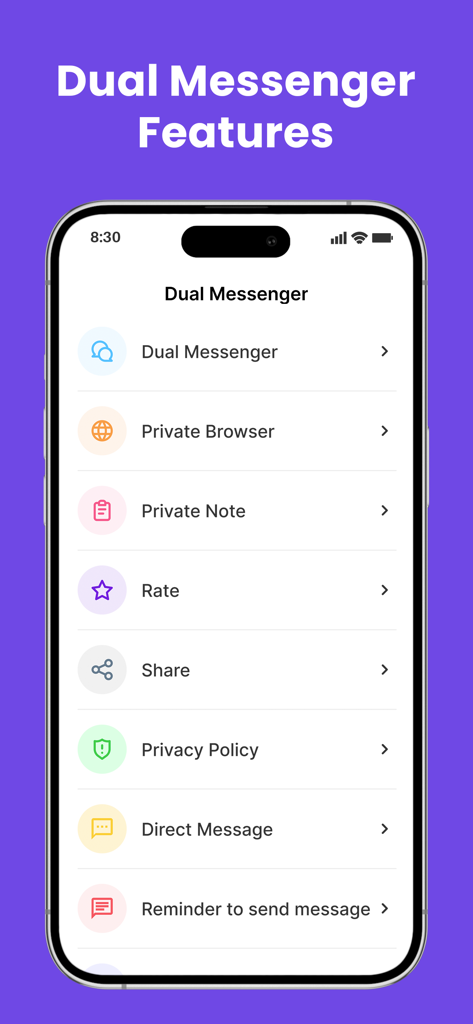 Interfaz de la aplicación 2Accounts mostrando funciones como Navegador Privado Dual Messenger y Nota Privada