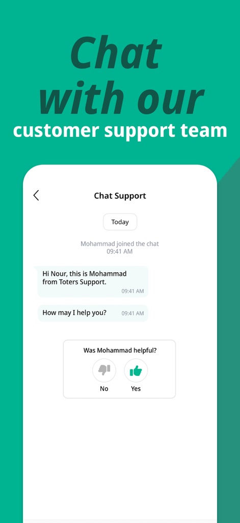 A screenshot of the Toters app showing the customer support chat interface with a feedback rating section.