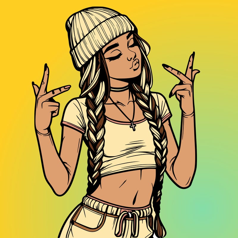 realistic teenage girl with braids and a beanie and crop top doing 🫶🏼