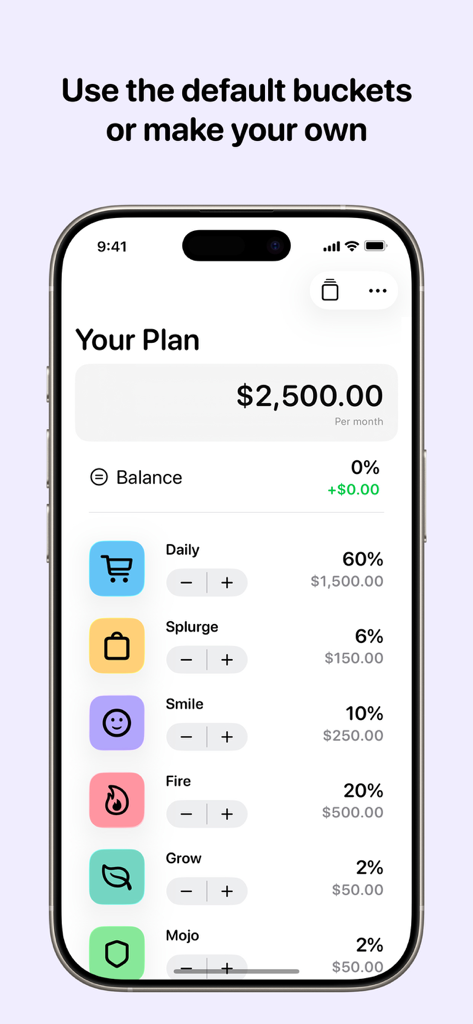 Barefoot Buckets - A mobile screen showing the Barefoot Buckets app interface where a monthly budget is divided into customizable categories like Daily, Splurge, and Fire.
