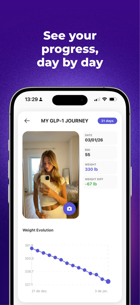 OzemPro: GLP1 Tracker - Una pantalla móvil que muestra el viaje de pérdida de peso GLP-1 con una foto de progreso y un gráfico de tendencia de peso