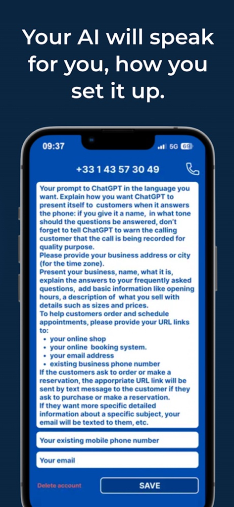 ZenCall - ZenCall app screen for customizing the AI phone agent instructions and contact details