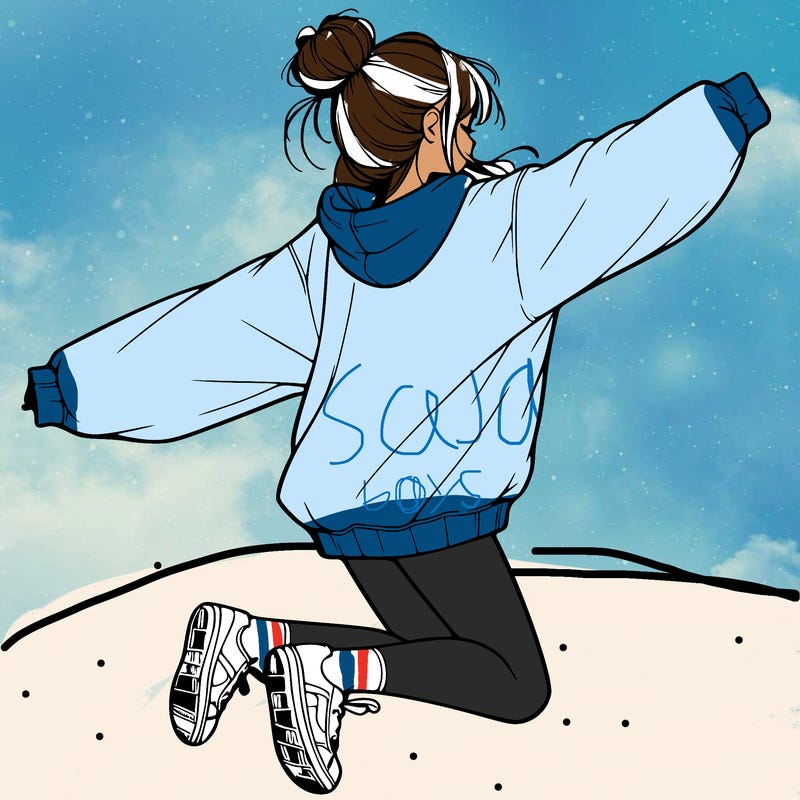 realistic girl jumping with a bun and oversized sweatshirt