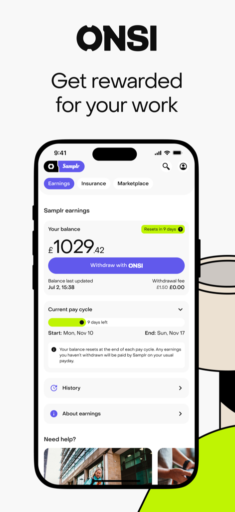 Onsi app earnings dashboard for gig workers featuring balance and withdraw button
