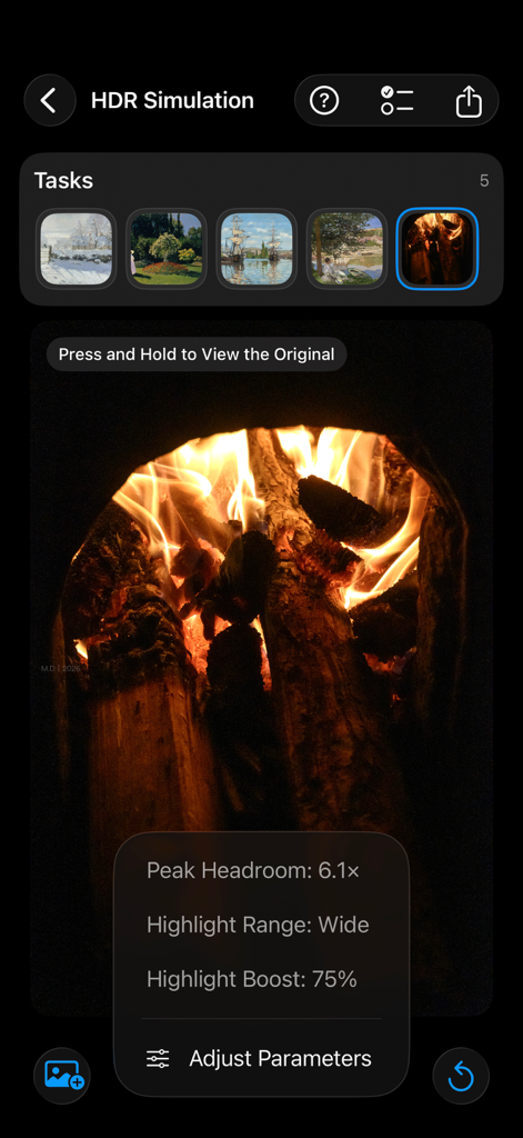 HDRシミュレーションインターフェース。プロフェッショナルなライティングコントロールと鮮やかな炎の画像が表示されています。