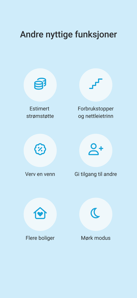 Mitt NTE - A menu screen from the Mitt NTE app displaying additional features such as power support estimates, dark mode, and multi-home management