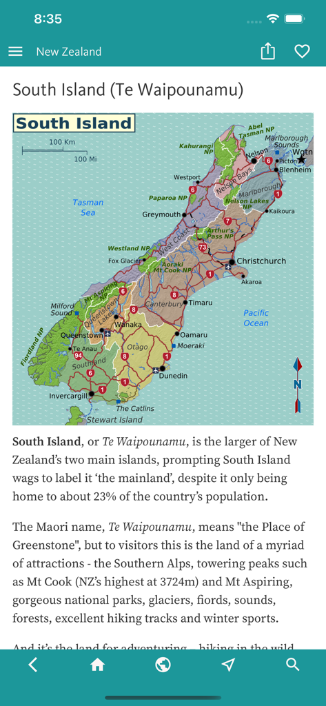 Mapa de la Isla Sur de Nueva Zelanda con regiones y parques nacionales