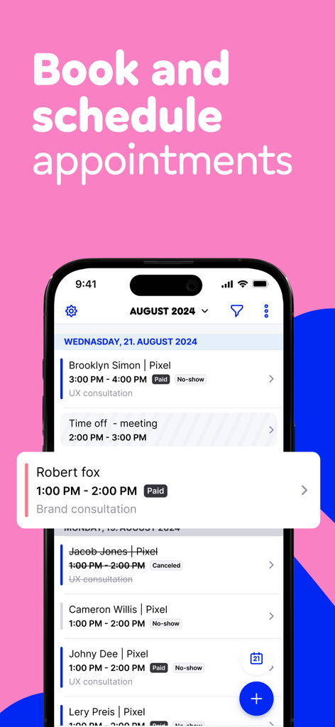 Appointment Scheduler: Billdu - Billdu app interface showing a daily schedule of appointments on a smartphone screen