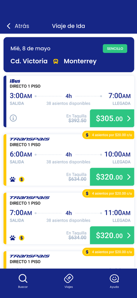 Schermata di selezione dell'orario dell'autobus e del prezzo del biglietto nell'app Transpais per un viaggio tra Ciudad Victoria e Monterrey