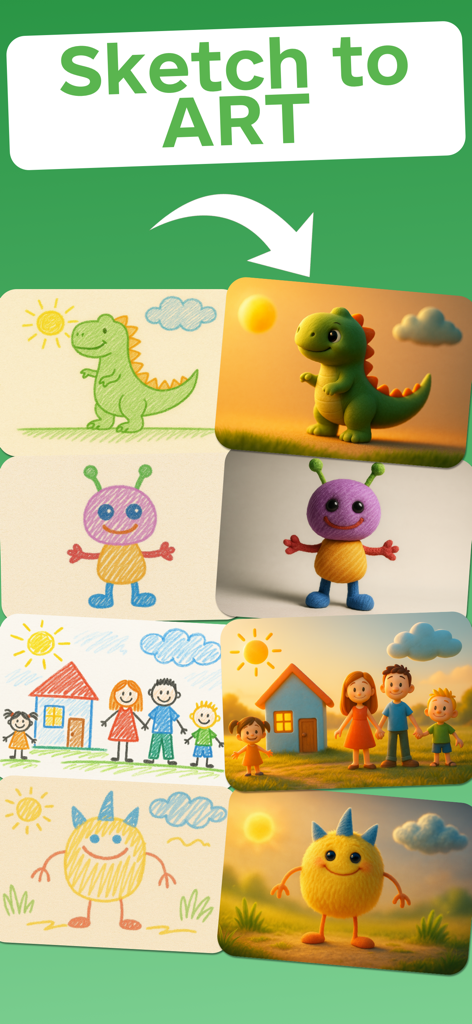 Kids Sketch AI: Drawing to Art - Comparación de dibujos infantiles y sus transformaciones de arte generadas por IA, incluyendo un alienígena dinosaurio y una familia