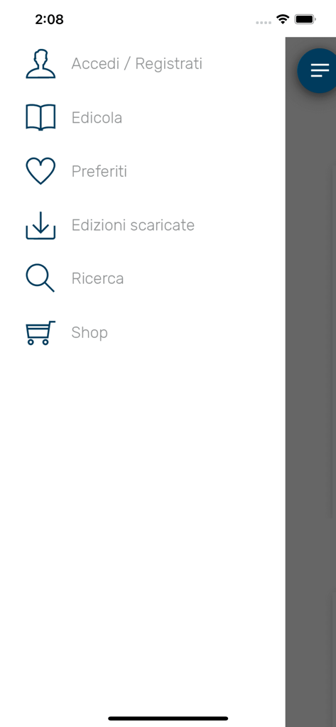 La Provincia di Cremona Crema - Side menu of the La Provincia di Cremona news app showing options for newsstand favorites downloads and search