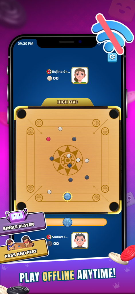 Carrom Board by Bhoos - Pantalla de juego móvil de Carrom Board by Bhoos destacando el modo de juego sin conexión.