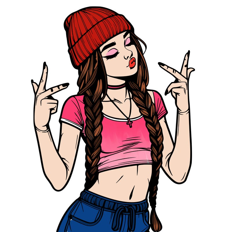 realistic teenage girl with braids and a beanie and crop top doing 🫶🏼