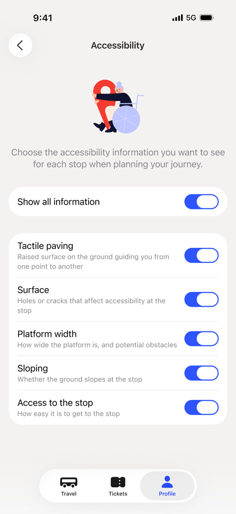 Un menú en la app Ruter que muestra opciones de accesibilidad para paradas de transporte, incluyendo pavimento táctil y ancho de andén.