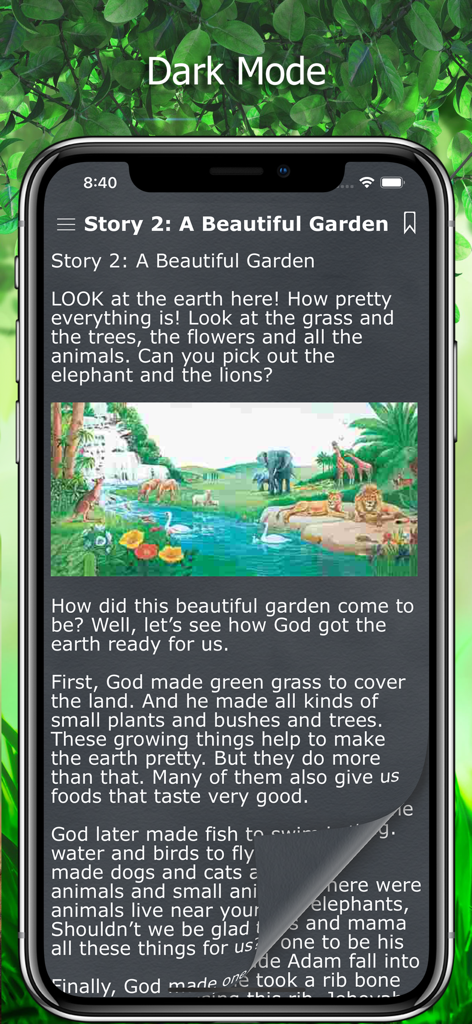 Bible Stories in English New - Bible Stories in English New app screenshot showing the story of A Beautiful Garden in dark mode