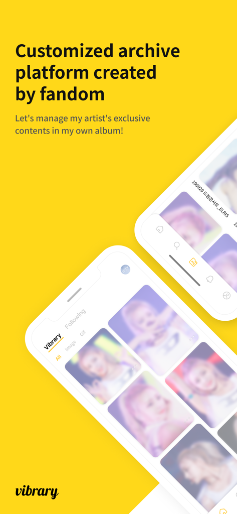 Interfaccia dell'app Vibrary che mostra una galleria di foto di idol K-pop ad alta risoluzione e la piattaforma di archiviazione personalizzata.