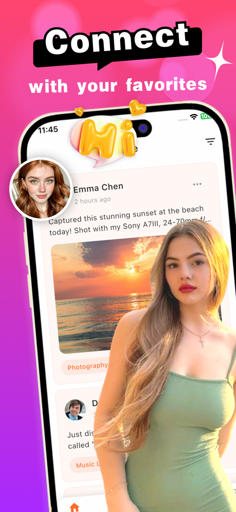 GrooveLand - Screenshot dell'app GrooveLand che mostra un post di una community di fotografia e il testo Connettiti con i tuoi preferiti
