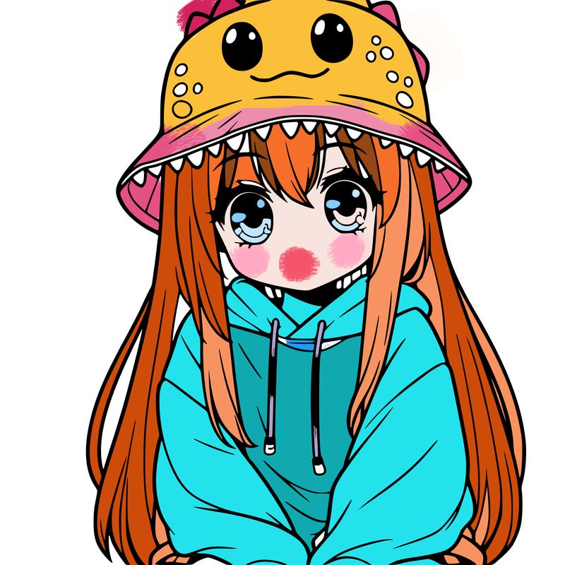girl with anime shaped eyes with a dinosaur bucket hat oversized sweatshirt long straight hair