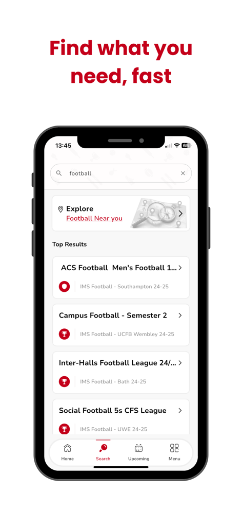 Search screen of the BUCS Play app showing various university football leagues and competitions