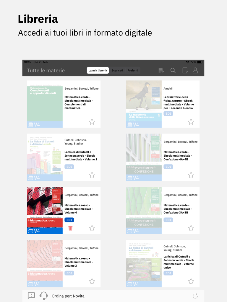 Booktab - Vista de biblioteca digital de la aplicación Booktab que presenta una colección de libros de texto italianos.
