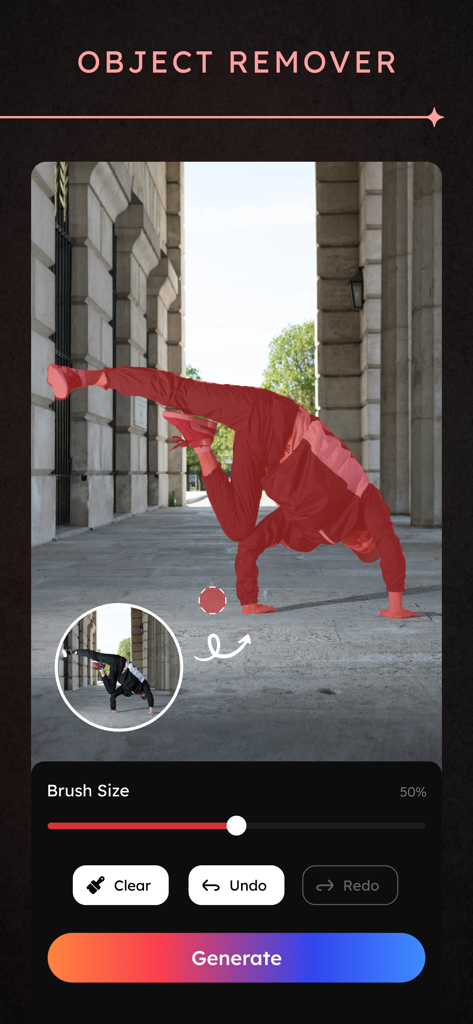 AI Photo Editor: Remove Object - Interface de l'application Éditeur Photo IA montrant l'outil de suppression d'objets sélectionnant une personne sur une photo.