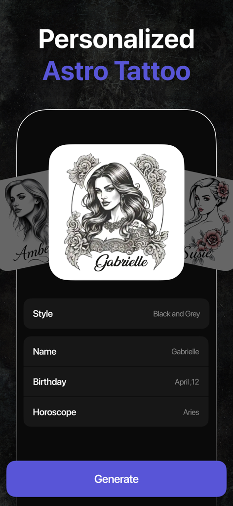 Interface of the AI Tattoo Generator app showing a personalized astro tattoo design for Gabrielle