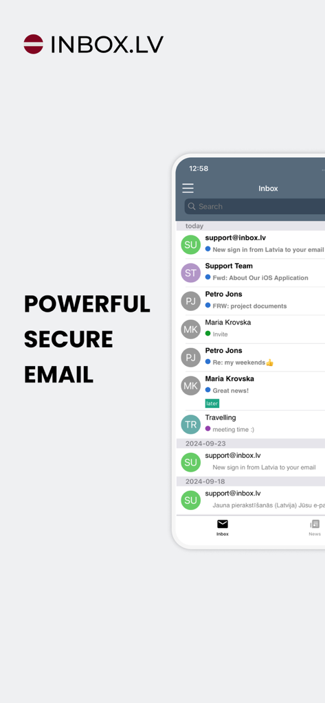 Inbox.lv mobile app interface showing a list of emails with the slogan powerful secure email